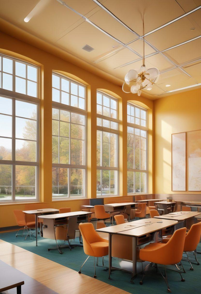 A serene and elegant classroom setting within a luxury school, featuring students engaged in personalized learning. Include high-end furnishings, intricate details of educational tools, and an inspiring view through large windows. Showcase diverse students collaborating, conveying an atmosphere of exclusivity and transformation. Warm, inviting color palette with a touch of sophistication. super-realistic. vibrant colors.