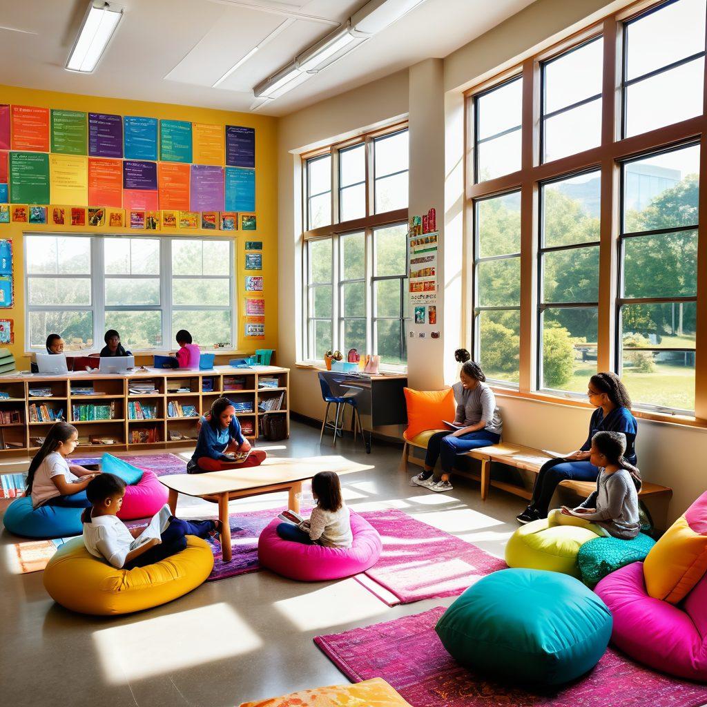 A vibrant classroom filled with diverse students actively engaging in collaborative learning activities, colorful educational posters on the walls, natural light streaming through large windows, a cozy reading nook with cushions and books, a cheerful teacher guiding students. bright colors. super-realistic.