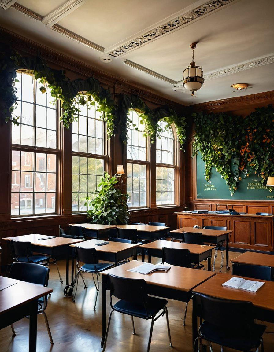 A vibrant and inviting classroom filled with diverse students engaged in dynamic discussions. Ivy League university banners adorn the walls, showcasing prestigious institutions. A warm, sunlight-filled atmosphere that exudes inspiration and curiosity, with a modern touch of technology like tablets and smart boards. In the background, a glimpse of a beautiful ivy-covered building signifies tradition and excellence in education. super-realistic. vibrant colors. warm lighting.